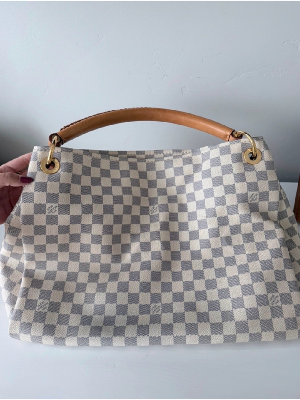Louis Vuitton Cream & Light Gray Damier Shoulder Bag with Tan Handle